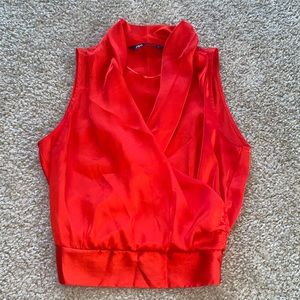 Zara Red Satin Sleeveless Wrap Blouse